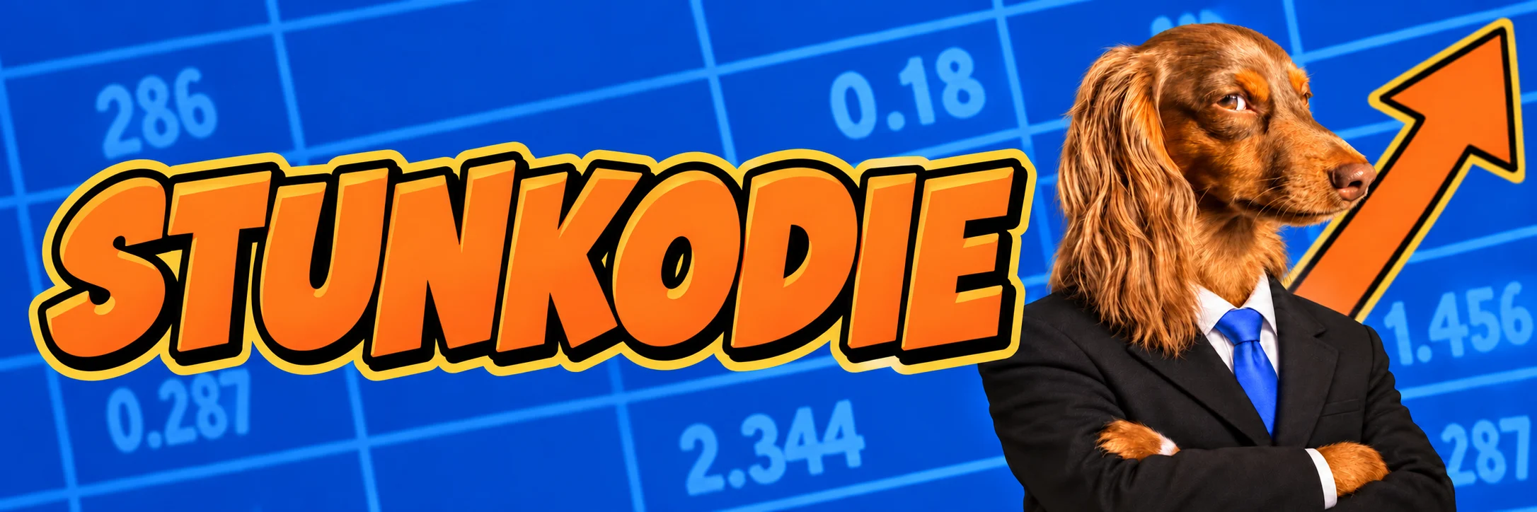 STUNKODIE banner with Odie in a suit next to a rising chart arrow