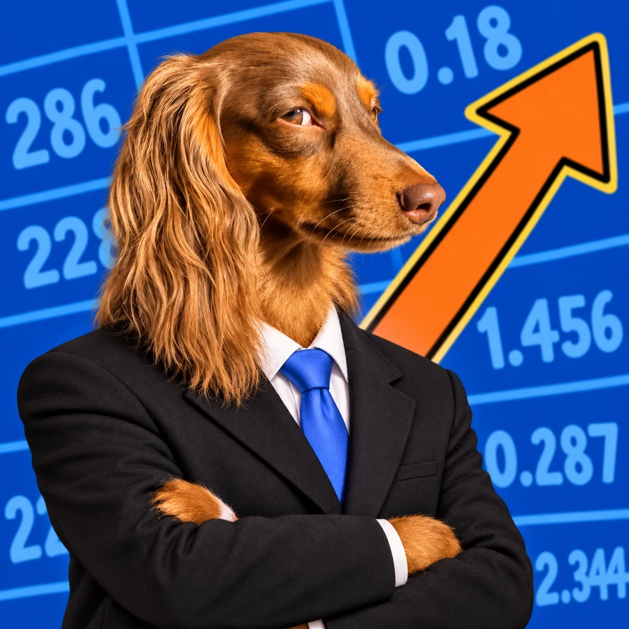 Odie, a long-eared dog in a black suit and blue tie, giving the side eye in front of a stock chart